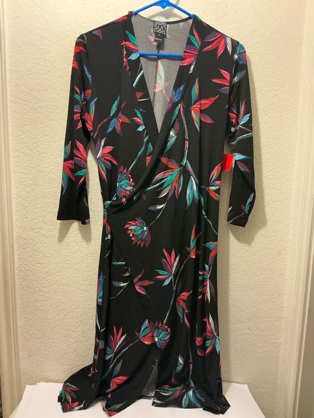 Clara Sun Woo Black Floral Wrap Maxi Dress with Pink & Teal Leaves